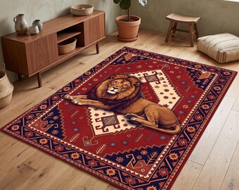 Lion Rug, Vintage Oriental Carpet Design, Animal Print Hallway Rug, Boho Anatolian Kilim Decor