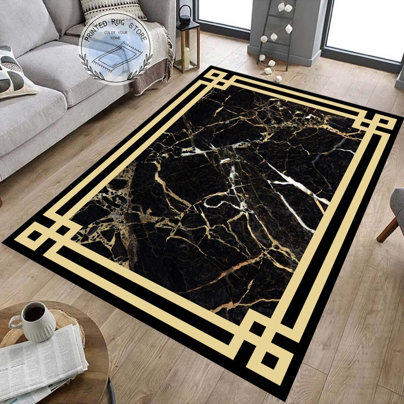 Black and Gold Marble Area Rug for Living Room Medusa Etsy