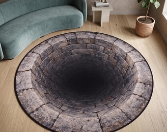 3D Stone Well Illusion Rug | Bottomless Brick Pit Floor Mat | Optical Hole Round Carpet