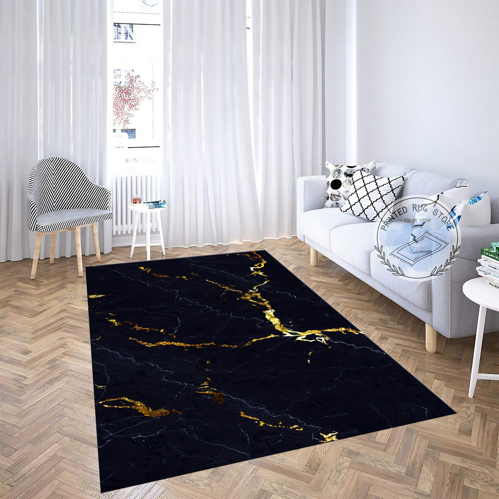 Marble Pattern Rug Black and Gold Marble Texture Rug Etsy