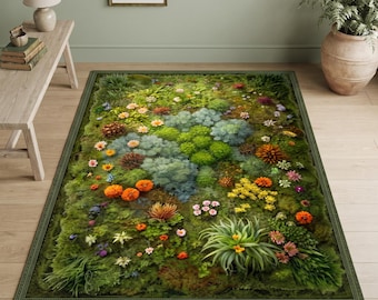 Moss Rug For Cottagecore Decor, Wildflower Rug For Floral Room Decor, Botanical Rug For Farmhouse Decor, Plant Rug, Green Living Room Rug