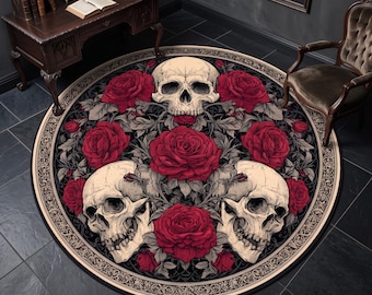 Rund Dödskalle Ros Matta Gotisk Blommig Design Svart Röd Mörk Golvdekor