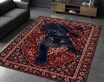 Black Panther Rug, Vintage Oriental Carpet Design, Animal Print Hallway Rug, Gothic Dark Decor