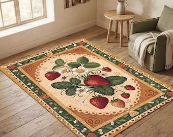 Vintage Strawberry Rug, Retro Non-Slip Rug For Cottagecore Decor, Washable Area Rug, Aesthetic Fruit Rug For Farmhouse Kitchen Decor