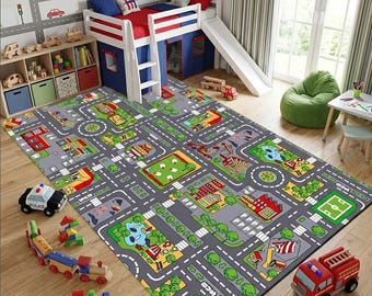 City Map Kids Rug, Traffic Road Play Mat, Nursery Decor