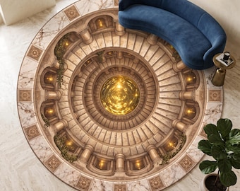 3D Optical Illusion Spiral Staircase Round Rug, Marble Endless Stairs Decor