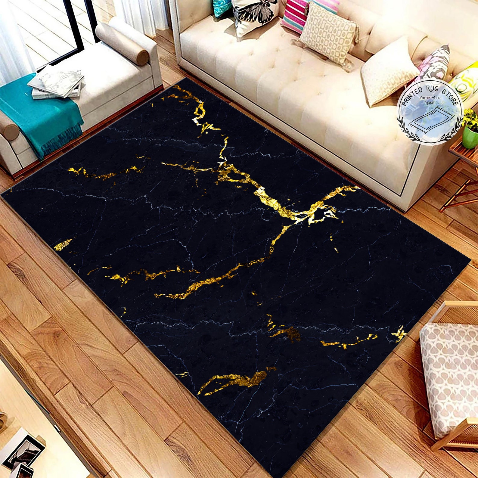 Marble Pattern Rug Black and Gold Marble Texture Rug Etsy