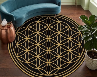 Flower of life, Sacred Geometry Rug, Flower of life Rug, Spiritual Rug,Floor Rug, Large Rugs, Sacred Geometry Decor Rug, Black and Gold Rugs