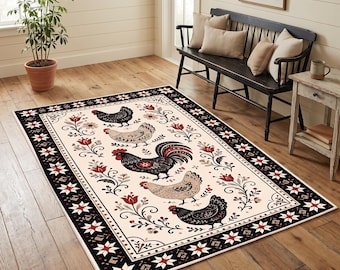 Farmhouse Chicken Rug, Folk Art Rooster Area Rug, Rustic Floral Hen Decor, Black White Red Kitchen Floor Mat