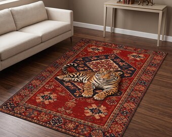 Tiger Wildlife Rug: Red Navy Oriental Carpet, Bengal Tiger Portrait, Tribal Geometric Folk Decor