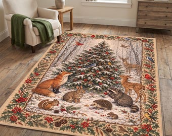 Woodland Christmas Rug, Forest Animals, Deer Fox, Winter Holiday Decor, Xmas Gift