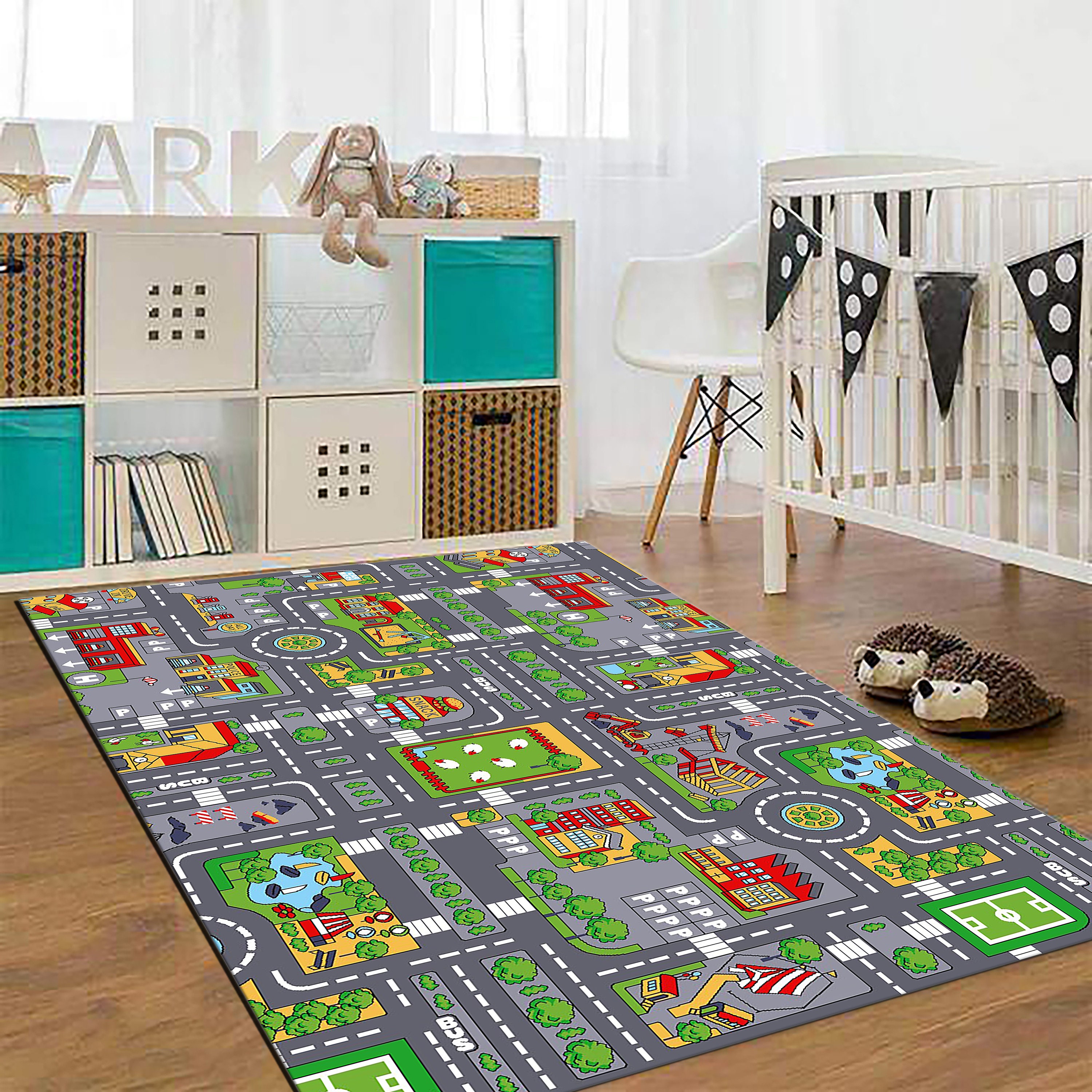 4x6ft Kids Town Road Play Rug - Non-Slip Acrylic Carpet With Interactive City Map Design, Educational Toy Vehicle Mat For Kids, Bedroom Playroom Nursery Gift