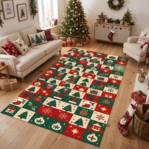 Christmas Patchwork Runner Rug: Red Green Checkered Pattern, Festive Trees, Snowflakes, Ornaments, Holiday Carpet