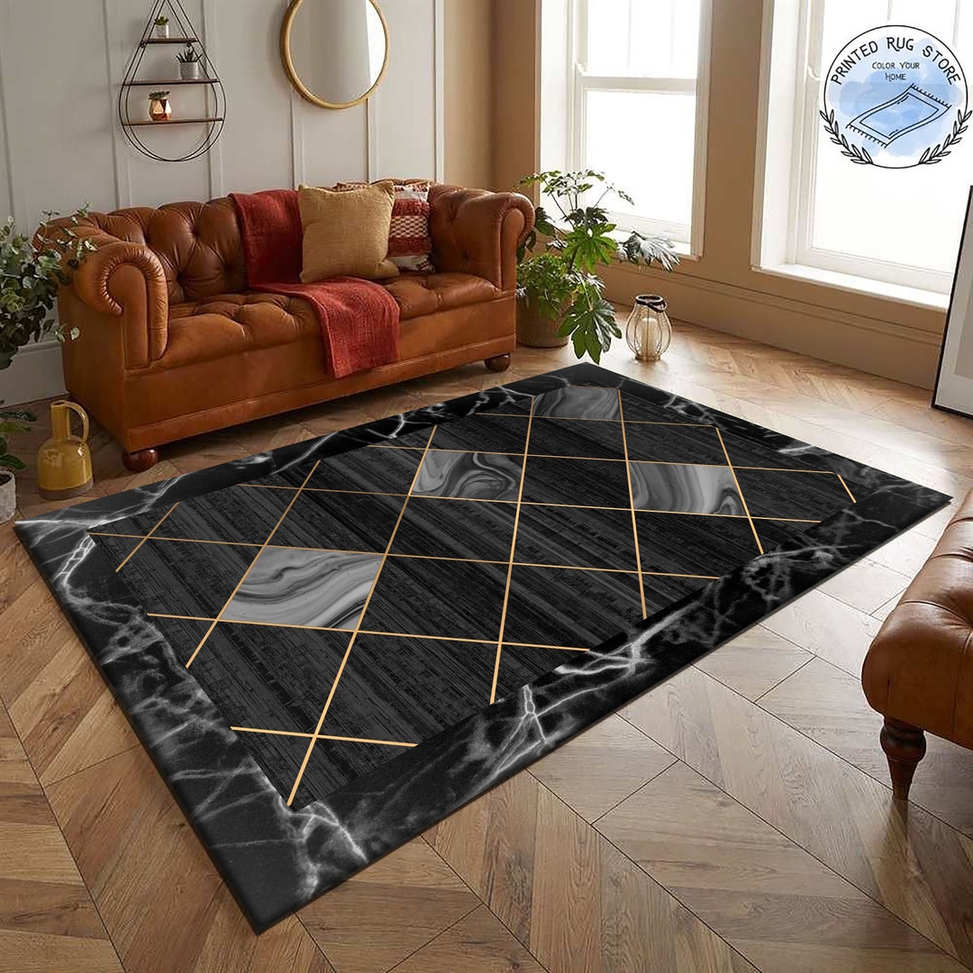 Gray and Gold Marble Pattern Rug Geometric Pattern Gold Rug Etsy