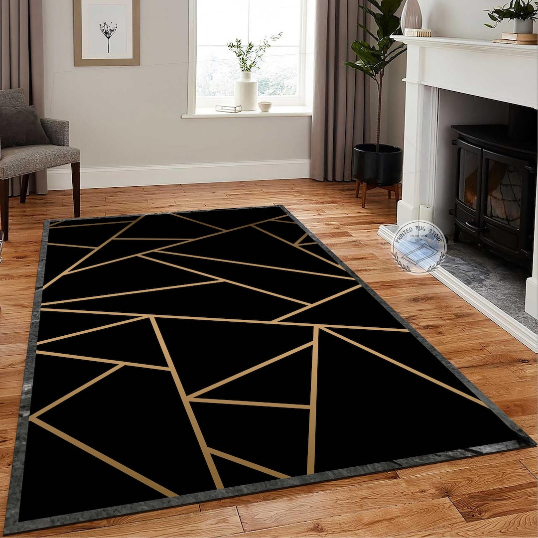 Black and Gold Modern Rug, Luxury Area Rug, Home Decor, Living Room Rug