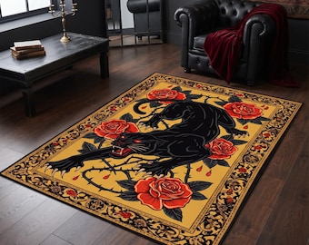 Black Panther Rug with Red Roses and Gothic Border, Bold Tattoo Style Carpet for Alternative Home Decor, Living Room or Art Space Accent