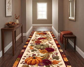 Autumn Runner Rug, Halloween Runner , Pumpkin Floral Rug, Fall Harvest Rug, Patchwork Look Kitchen Rug, Spooky Hallway Decor, Non Slip Rug