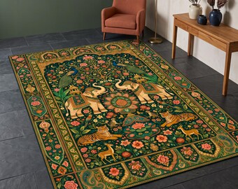 Royal Elephant Garden Rug, Botanical Wildlife Carpet, Vintage Floral Elephant Rug, Exotic Nature Decor, Elegant Home Decor