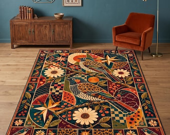Songbird Area Rug, Mosaic Bird Carpet, Geometric Botanical Rug, Folk Art Decor, Colorful Statement Rug