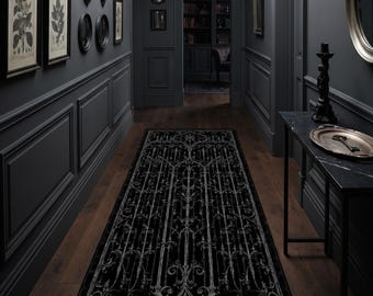 Gothic Black Runner Rug: Ornate Iron Gate Carpet, Dark Victorian Pattern, Elegant Entryway Decor