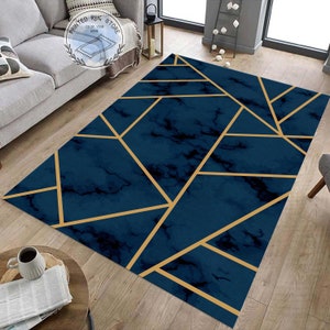 Blue and Gold Marble Textured Rug, Marble Design Modern Rug, Home Decor ...