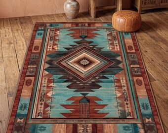 Sydvästlig tribal matta: Turkosbrun geometrisk matta, navajomönsterdesign, rustik aztekisk inredningsstil
