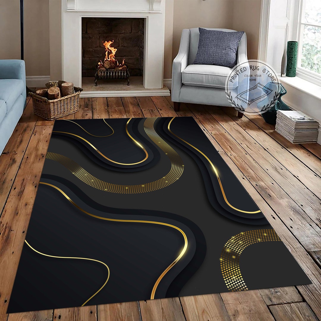 Black and Gold Abstract Rug, Style Abstract Rug, Decorative Floor Mat