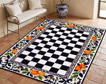 Checkerboard Orange Floral Rug Mediterranean Area Carpet
