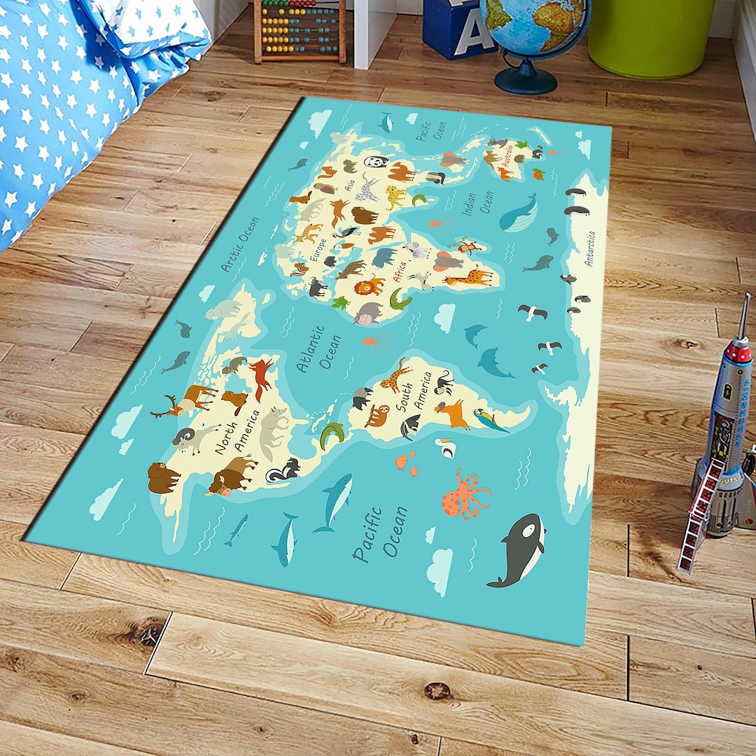 blue-world-map-kids-room-rug-animal-rug-personalised-soft-etsy