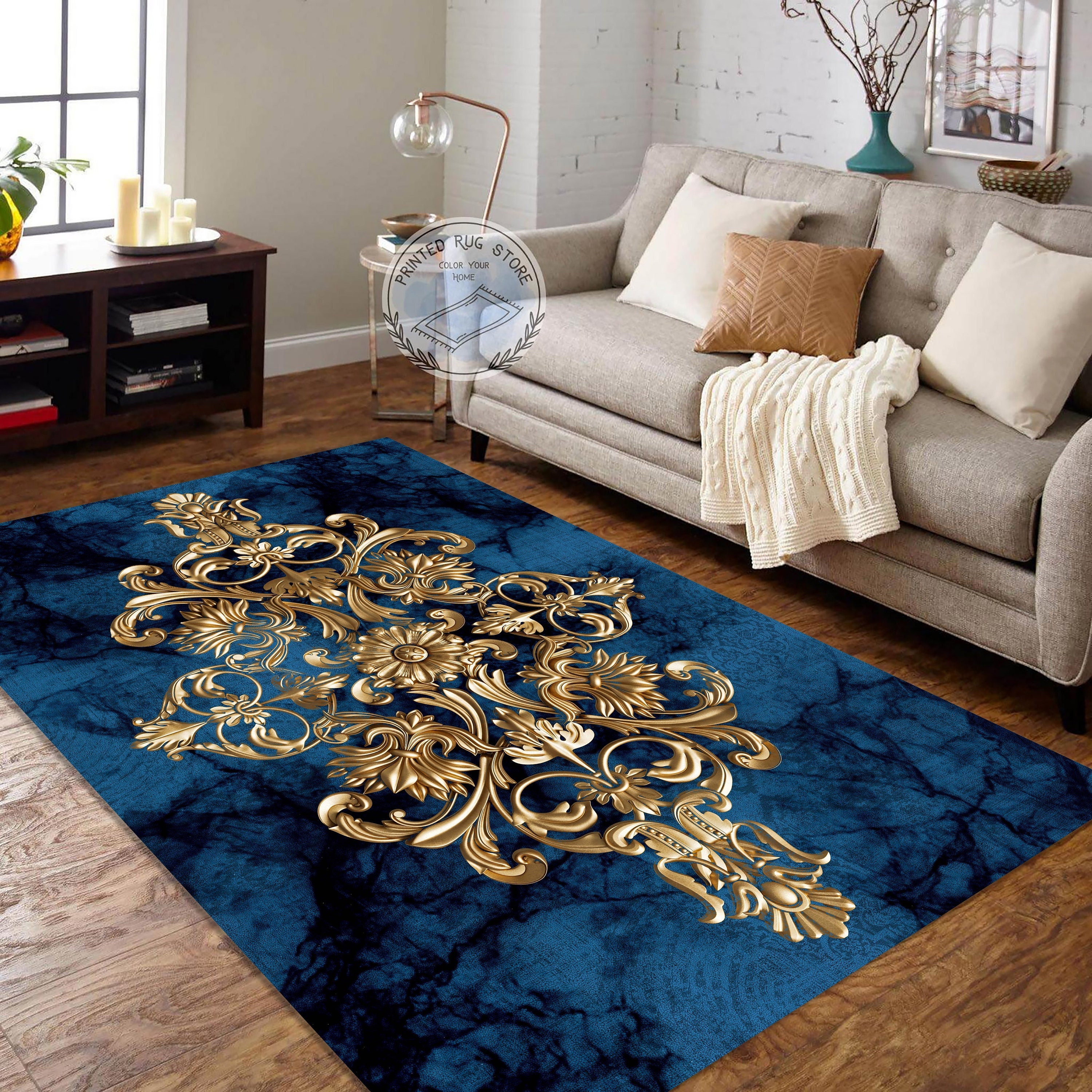 Blue and Gold Damask Rug Ethnic Design Floral Carpet Oriental