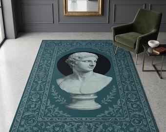 Greek Statue Bust Rug in Vintage Teal, Classical Sculpture Area Carpet, Antique Style Decorative Rug, Aesthetic Living Room Rug