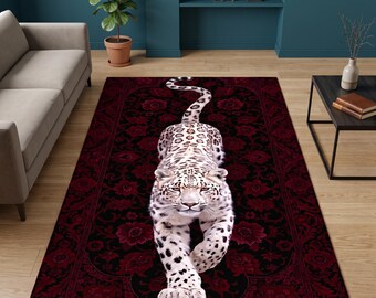 Snow Leopard Printed Area Rug: Dark Red Floral Carpet, Machine-Washable Non-Slip