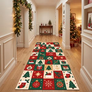 Christmas Patchwork Runner Rug: Red Green Checkered Pattern, Festive Trees, Snowflakes, Ornaments, Holiday Carpet