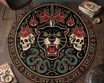 Tattoo Panther Round Rug, Traditional Tattoo Art Carpet, Skull Rose Snake Rug, Gothic Alternative Decor, Flash Art Rug