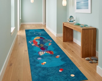 Patchwork Fish Runner Rug: Turquoise Blue Mosaic Carpet, Nautical Ocean Coastal Decor