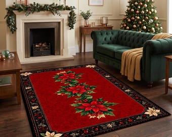 Christmas Poinsettia Area Rug, Xmas Decor Carpet, New Year Mat