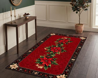 Christmas Poinsettia Runner Rug, Xmas Hallway Decor