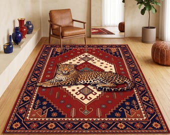 Leopard Rug, Vintage Oriental Carpet Design, Animal Print Hallway Rug, Boho Anatolian Kilim Decor