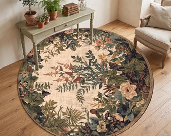 Round Botanical Garden Rug, Vintage Floral Circle Area Rug, Cottagecore Farmhouse Decor, Beige Green Flower Carpet for Living Room Home