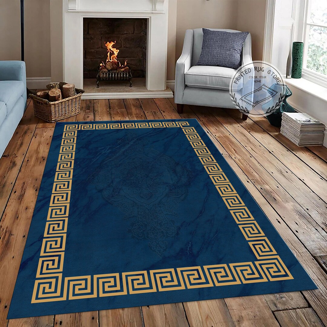Blue and Gold Ancient Greek Wave Rug, Greek Mythology, Modern Rug