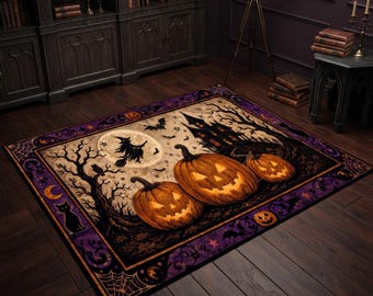 Spooky Halloween Rug, Jack O Lantern Area Rug, Haunted Mansion Carpet, Witch Flying Moon Decor, Gothic Fall Pumpkin Rug