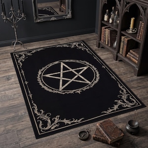 Pentagrammatta – Gotisk ockult häxmatta, svart wicca-altarmatta, mörk estetisk heminredning för häxor och hedningar