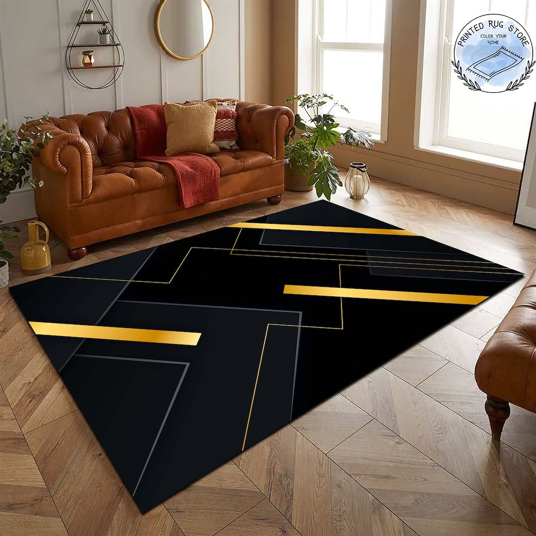 Black and Gold Abstract Rug, Style Abstract Rug, Decorative Floor Mat