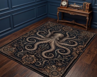 Victorian Octopus Area Rug, Gothic Nautical Kraken Decor, Baroque Coastal Carpet