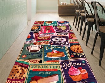Retro Dessert Kitchen Runner Rug: Vintage Bakery Hallway Carpet, Non-Slip Machine-Washable