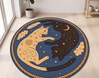 Yin Yang Cats Surrounded by Celestial Stars, Clouds, and Moon on Blue Background