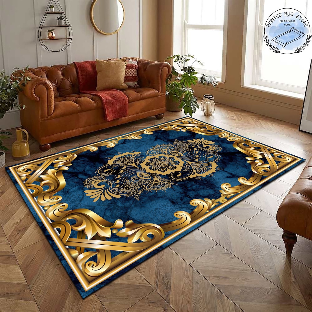 Blue and Gold Oriental Pattern Rug, Damask Design Modern Rug, Ethnic