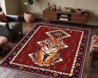 Tiger Rug, Vintage Oriental Carpet Design, Animal Print Hallway Rug, Boho Anatolian Kilim Decor