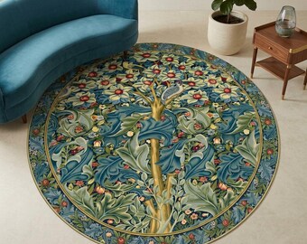 Morris Style Round Rug-Floral Nature Art Circle Carpet-Tree Of Life Circle Rug-Vintage Rug - Bohemian Round Carpet-Modern Living Room Rug