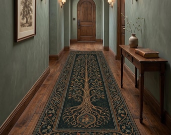 Celtic Tree of Life Runner Rug, Dark Green Woodland Hallway Accent Rug